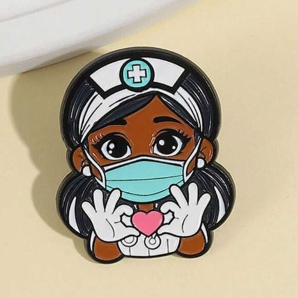 Jewelry - Dark Skinned Dr. or Nurse with Heart Enamel Lapel Pin Brooch BRAND-NEW & SO CUTE